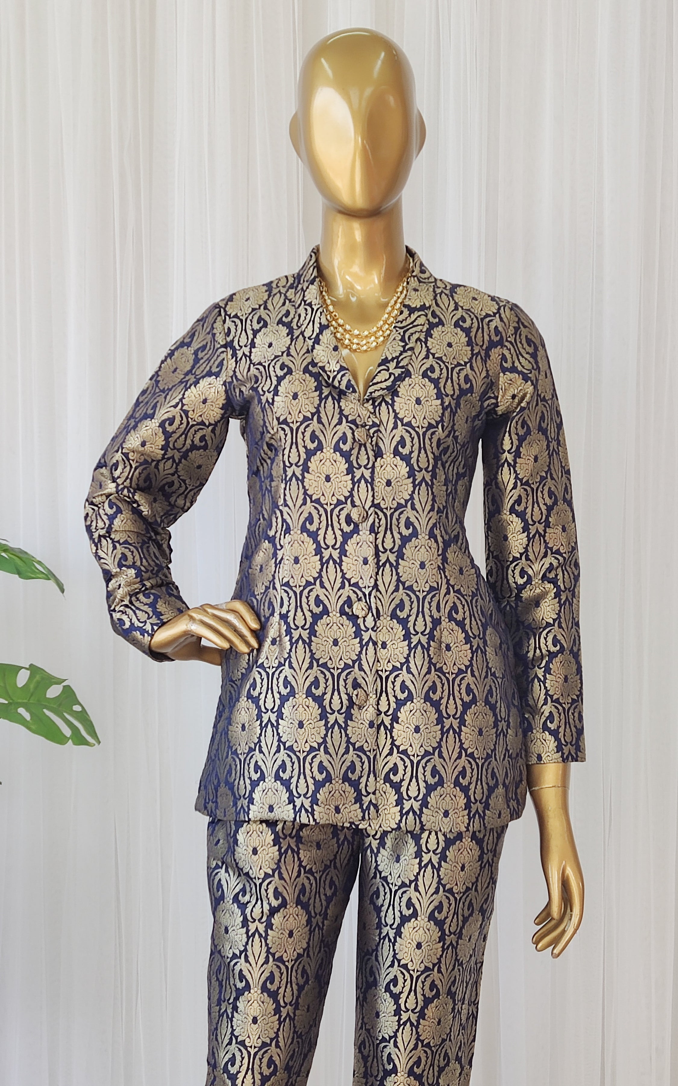 Navy Blue Brocade Pant-Suit Co-ord Set