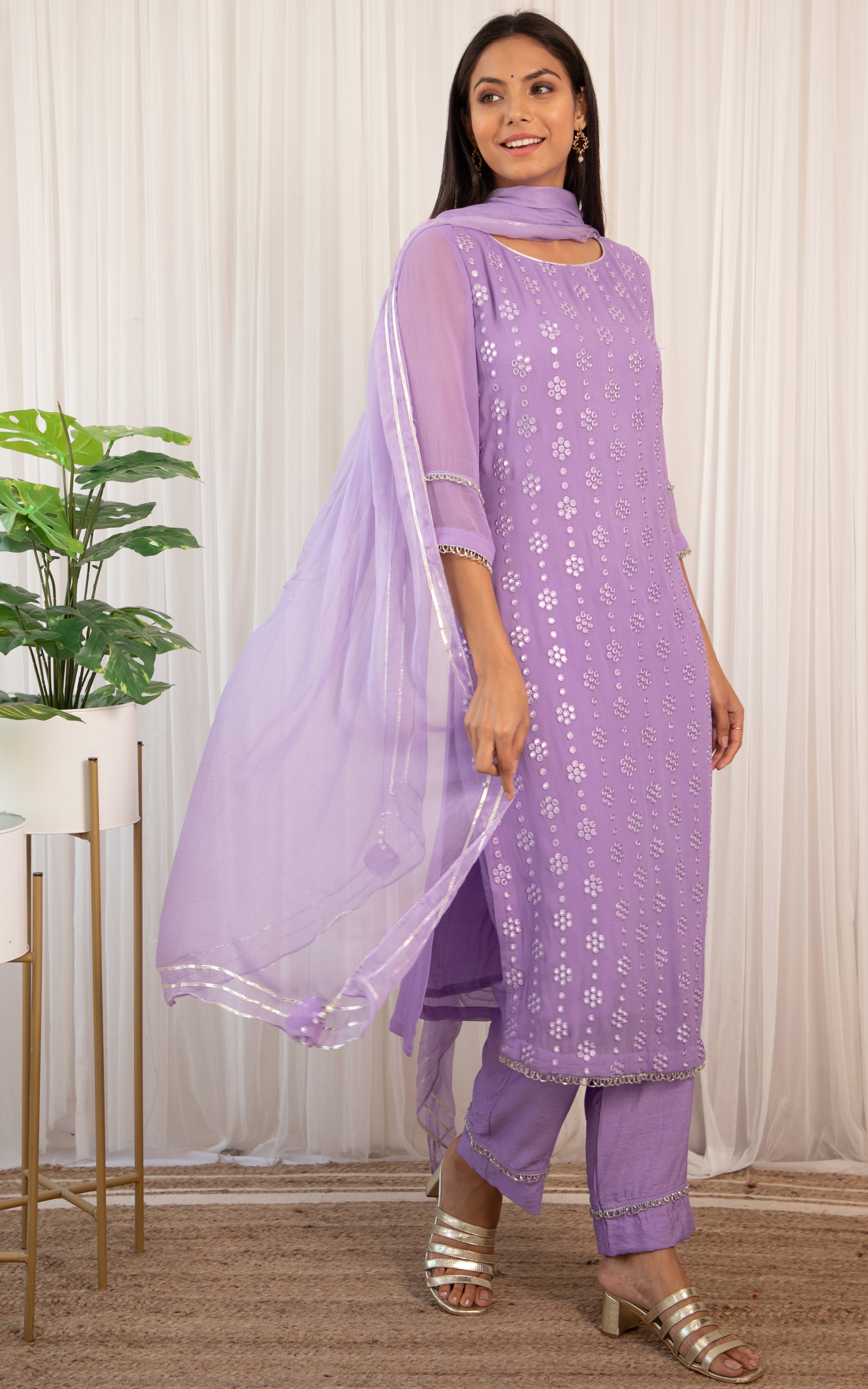 Lavender Mirrorwork Kurta and Pant Set