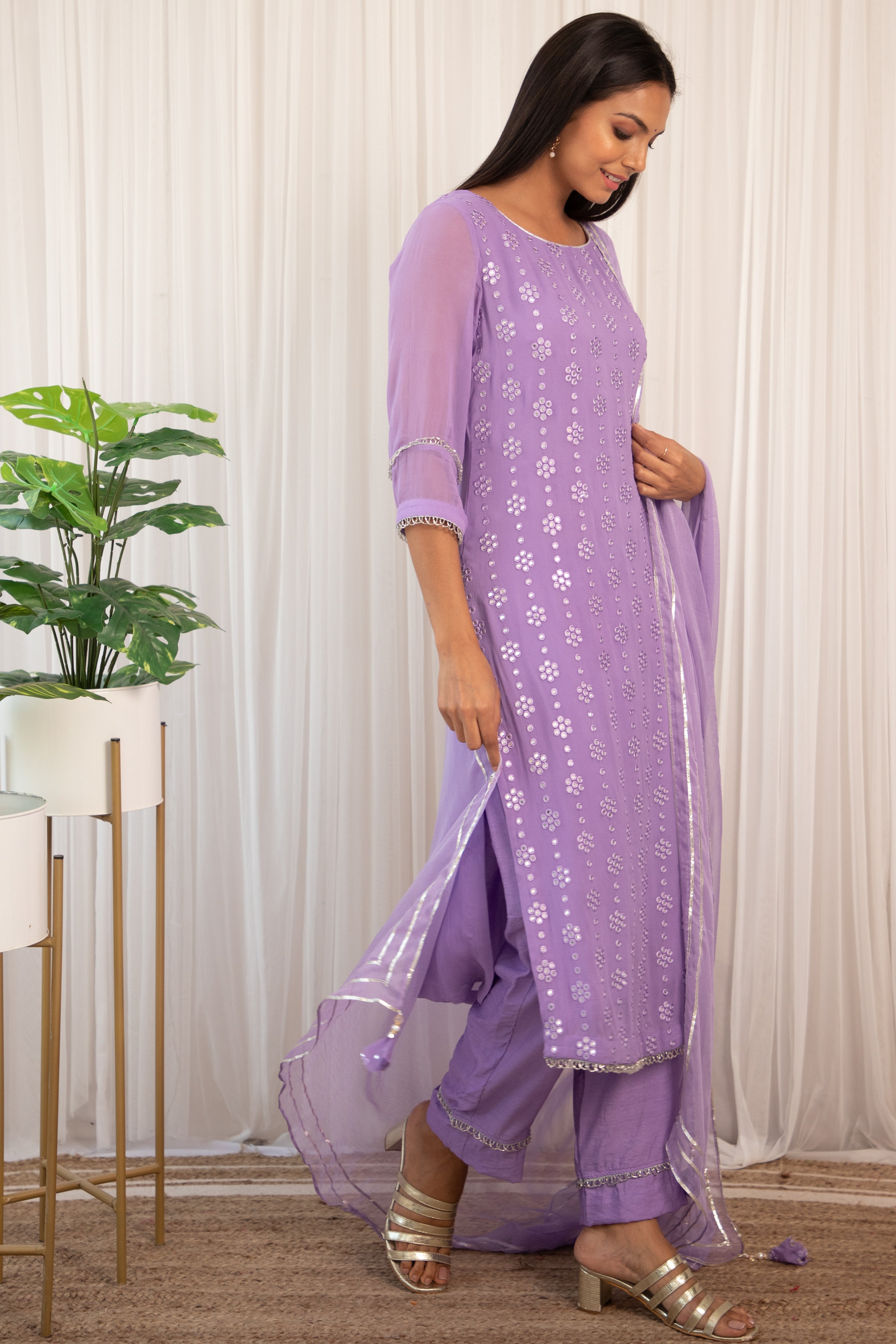 Lavender Mirrorwork Kurta and Pant Set