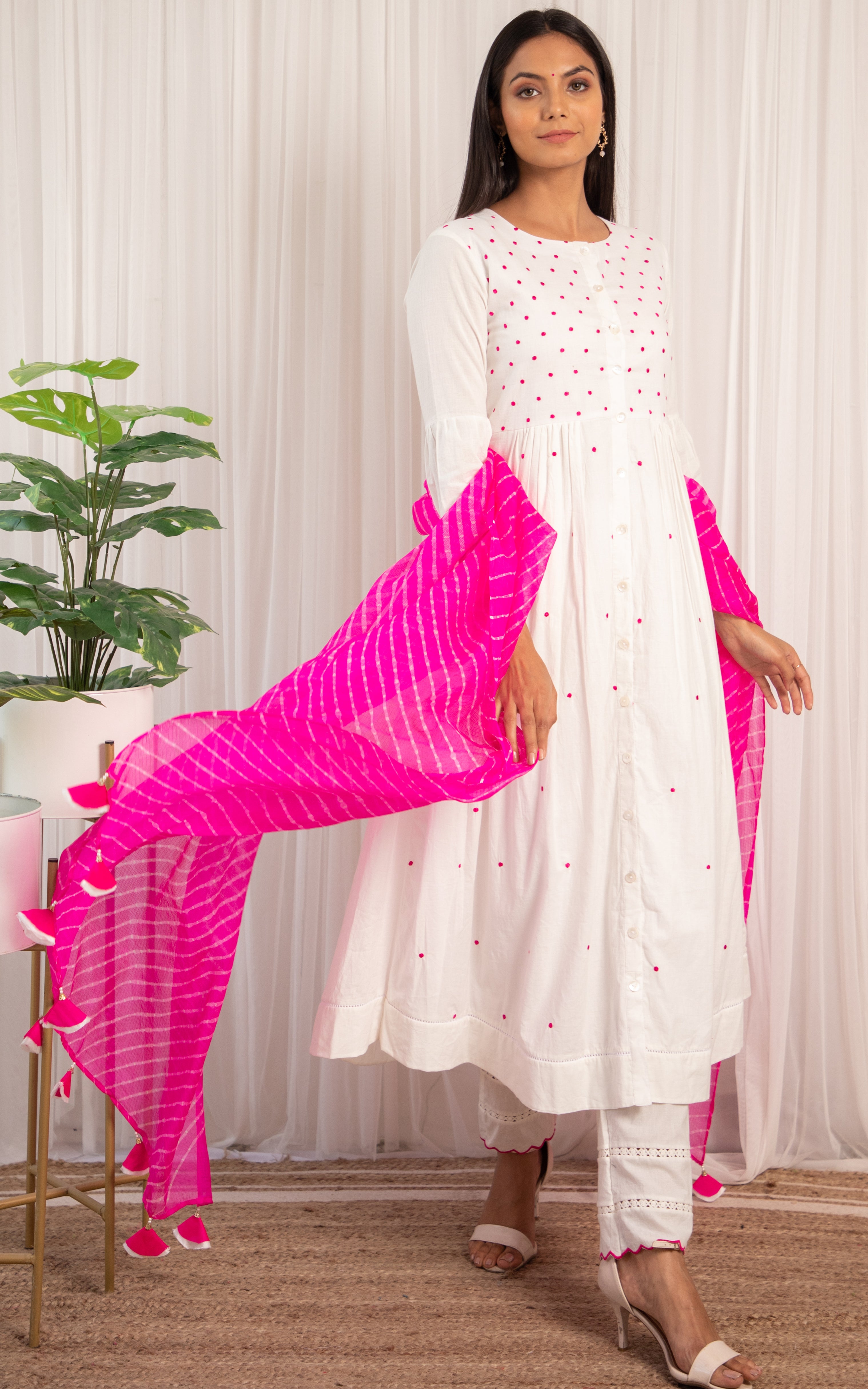 White Cotton Kurta Set with Rani Leheriya Dupatta