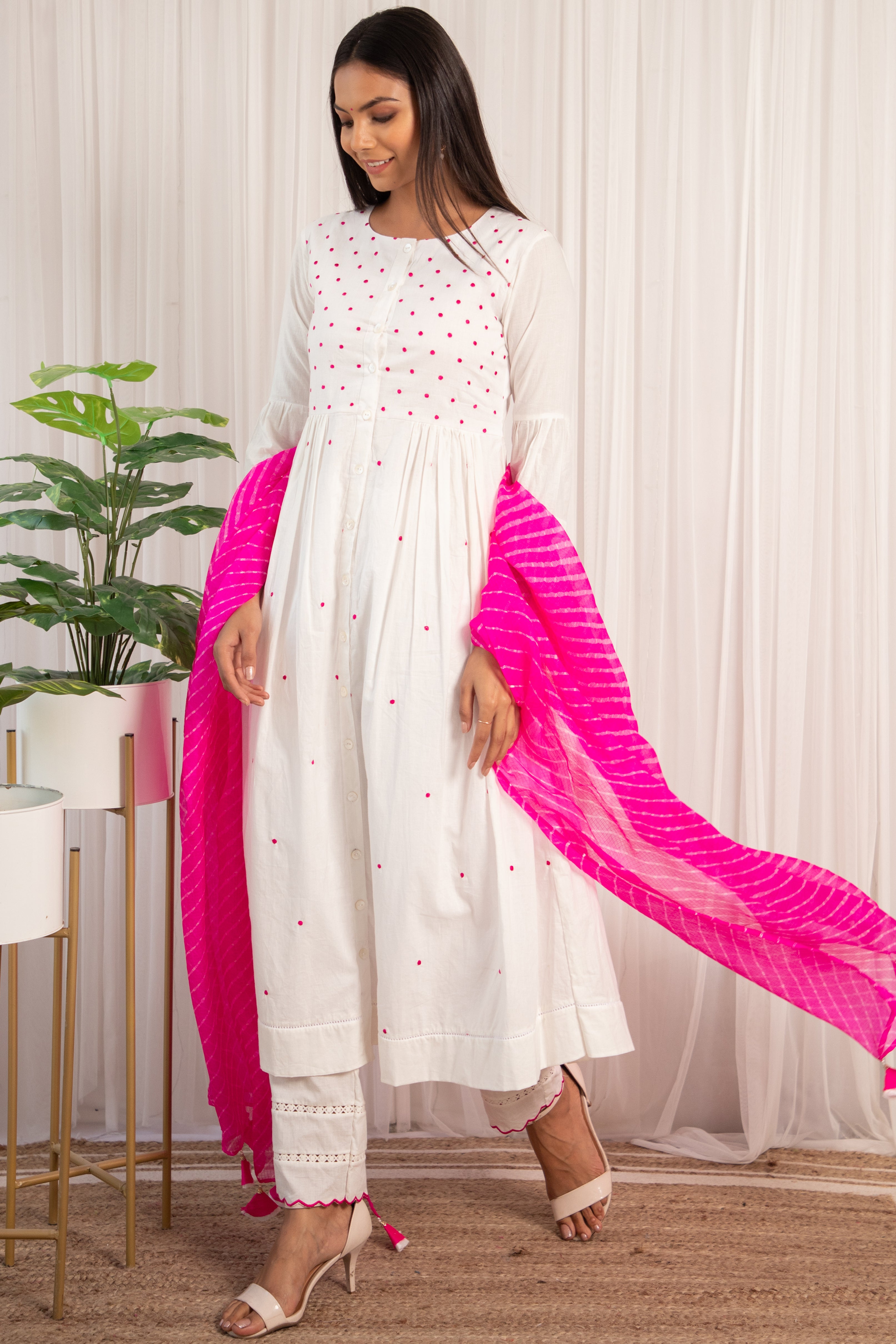 White Cotton Kurta Set with Rani Leheriya Dupatta