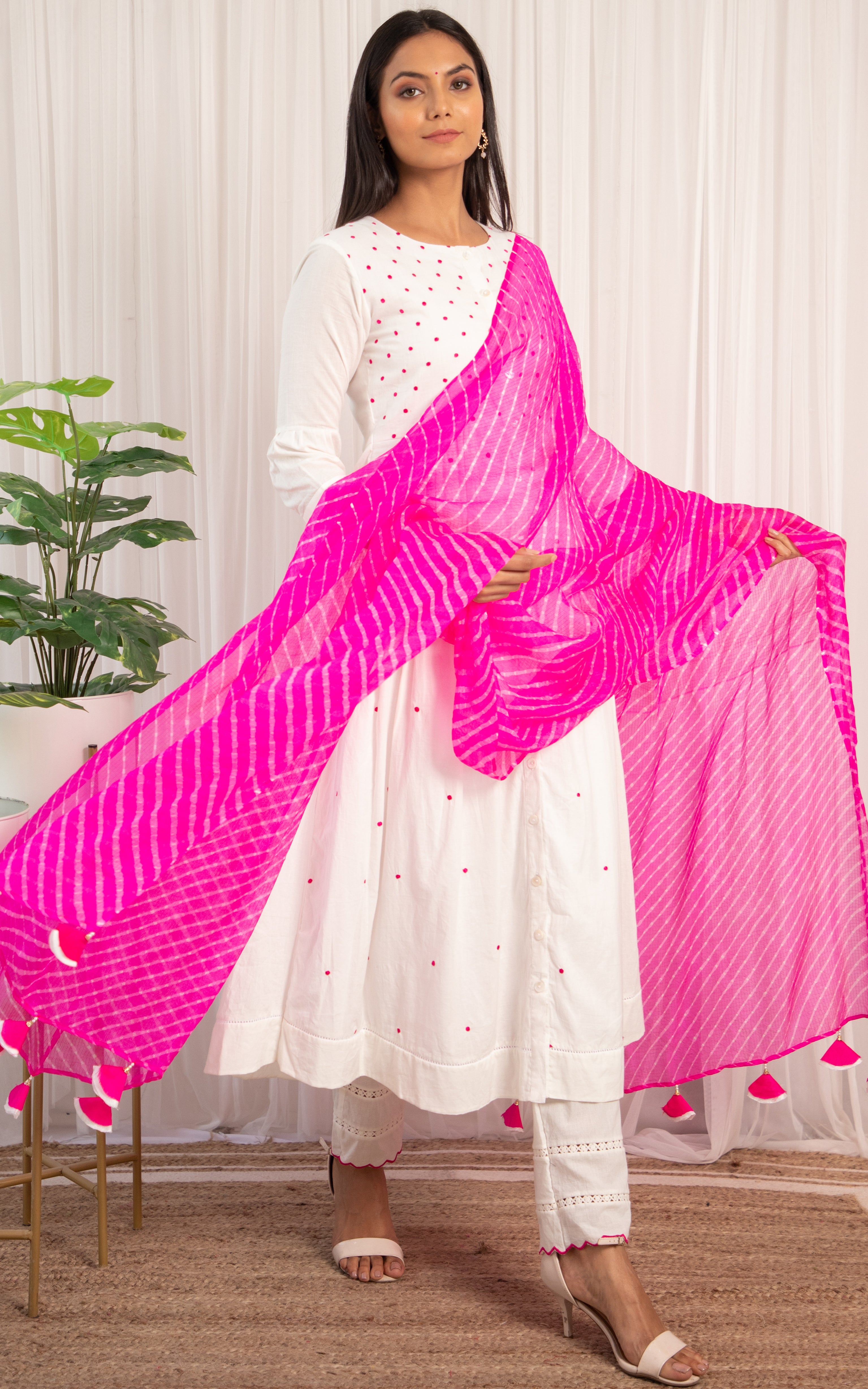 White Cotton Kurta Set with Rani Leheriya Dupatta