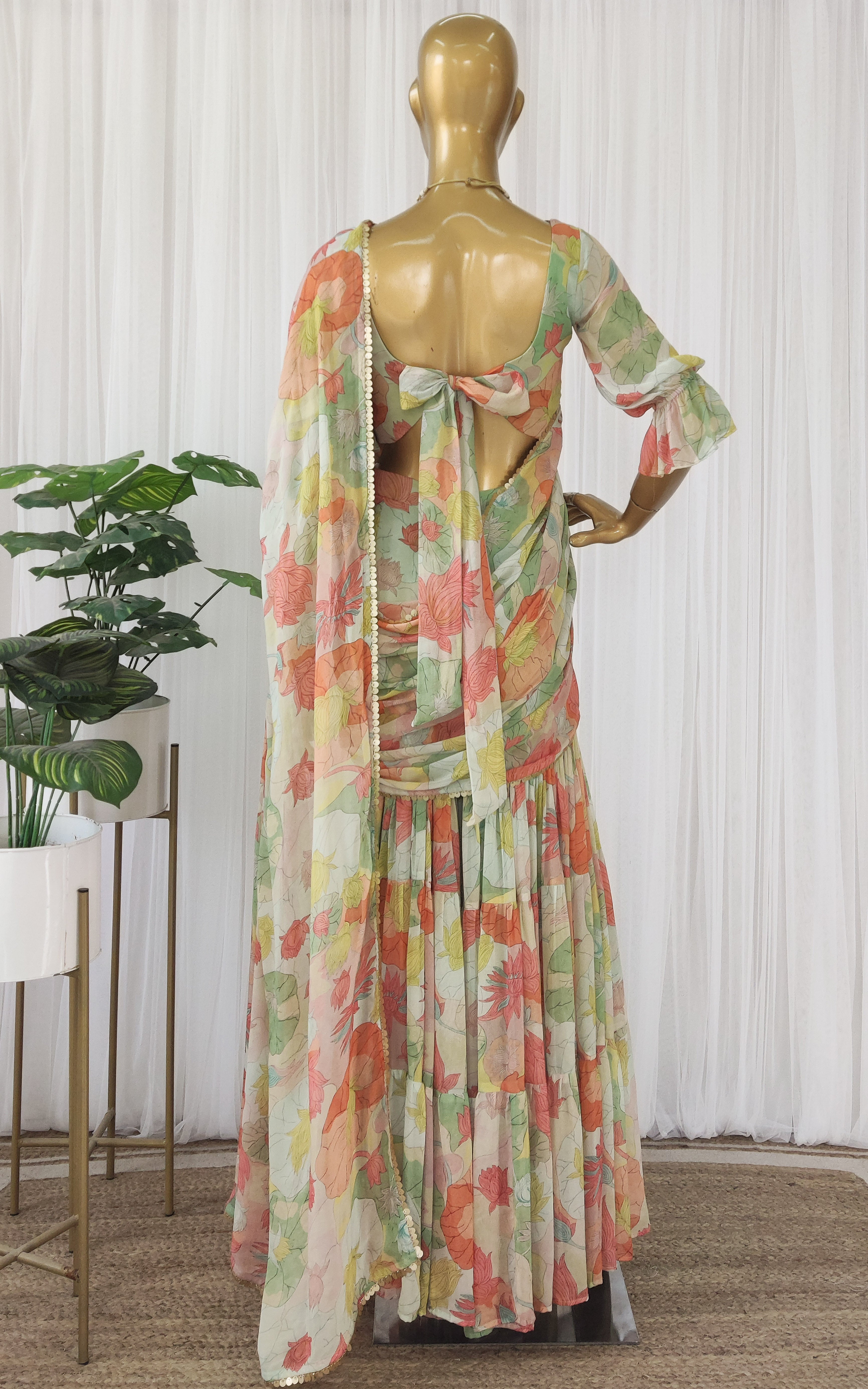 Multi Color Lotus Print Georgette Sharara Saree Set