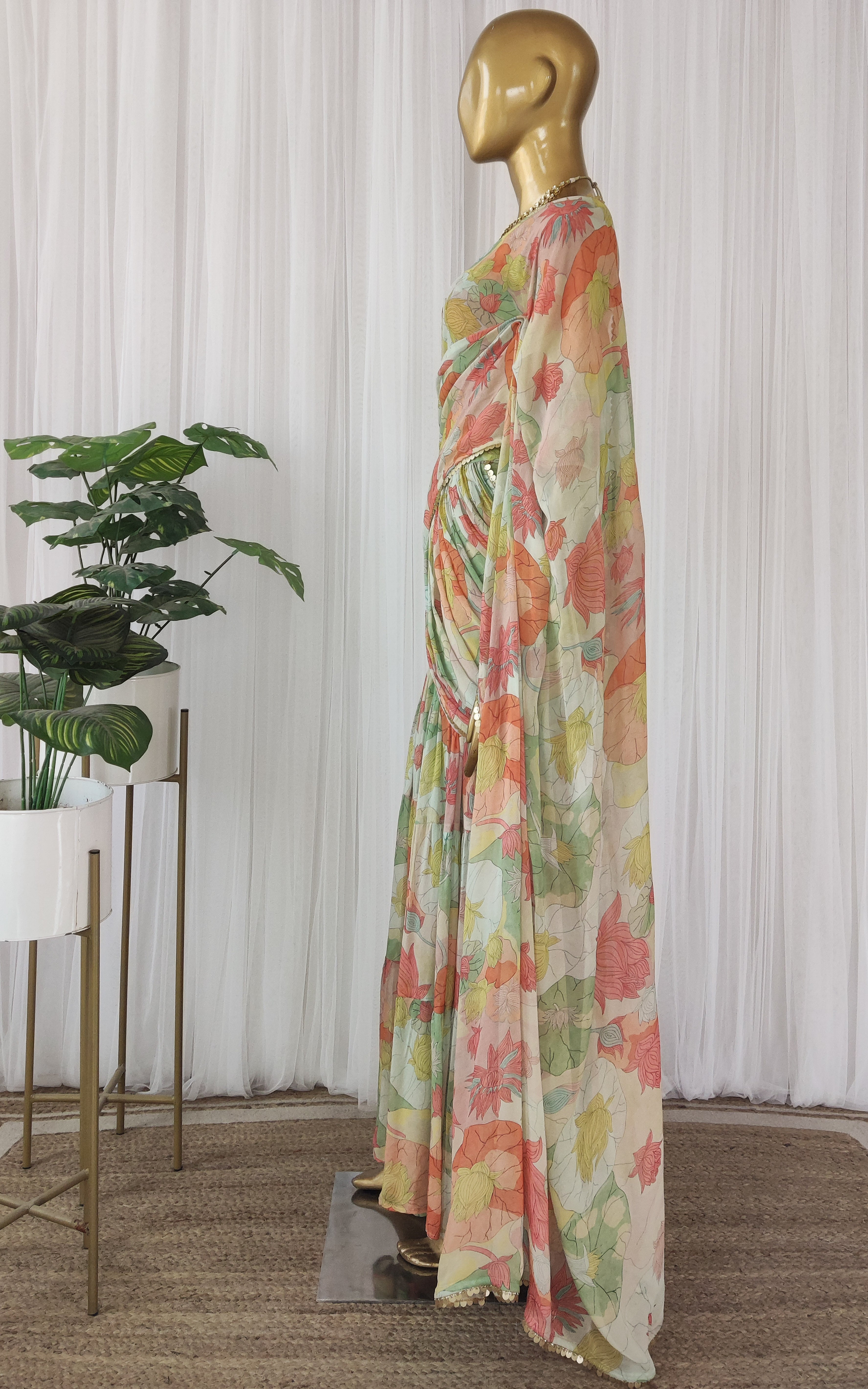 Multi Color Lotus Print Georgette Sharara Saree Set