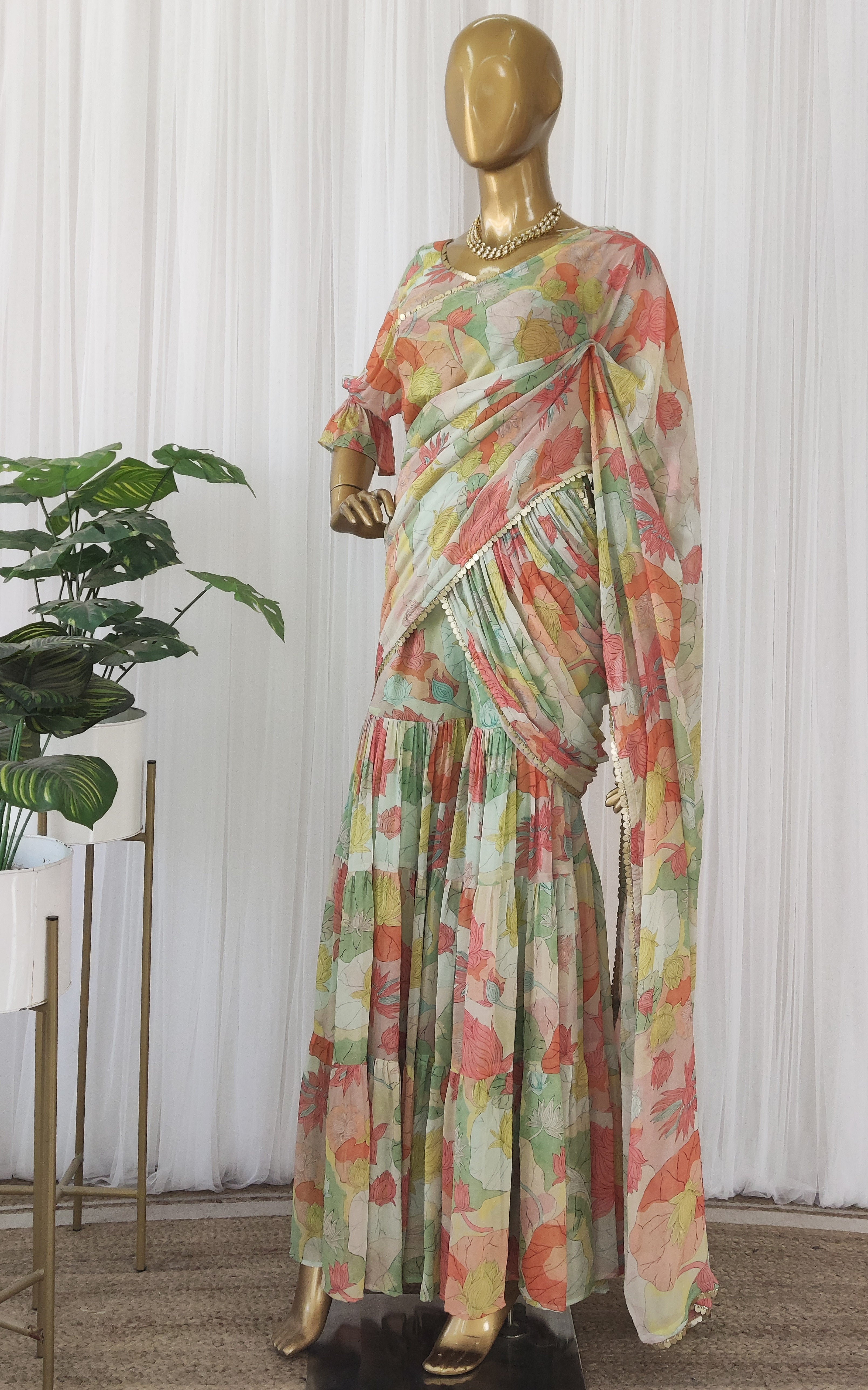 Multi Color Lotus Print Georgette Sharara Saree Set