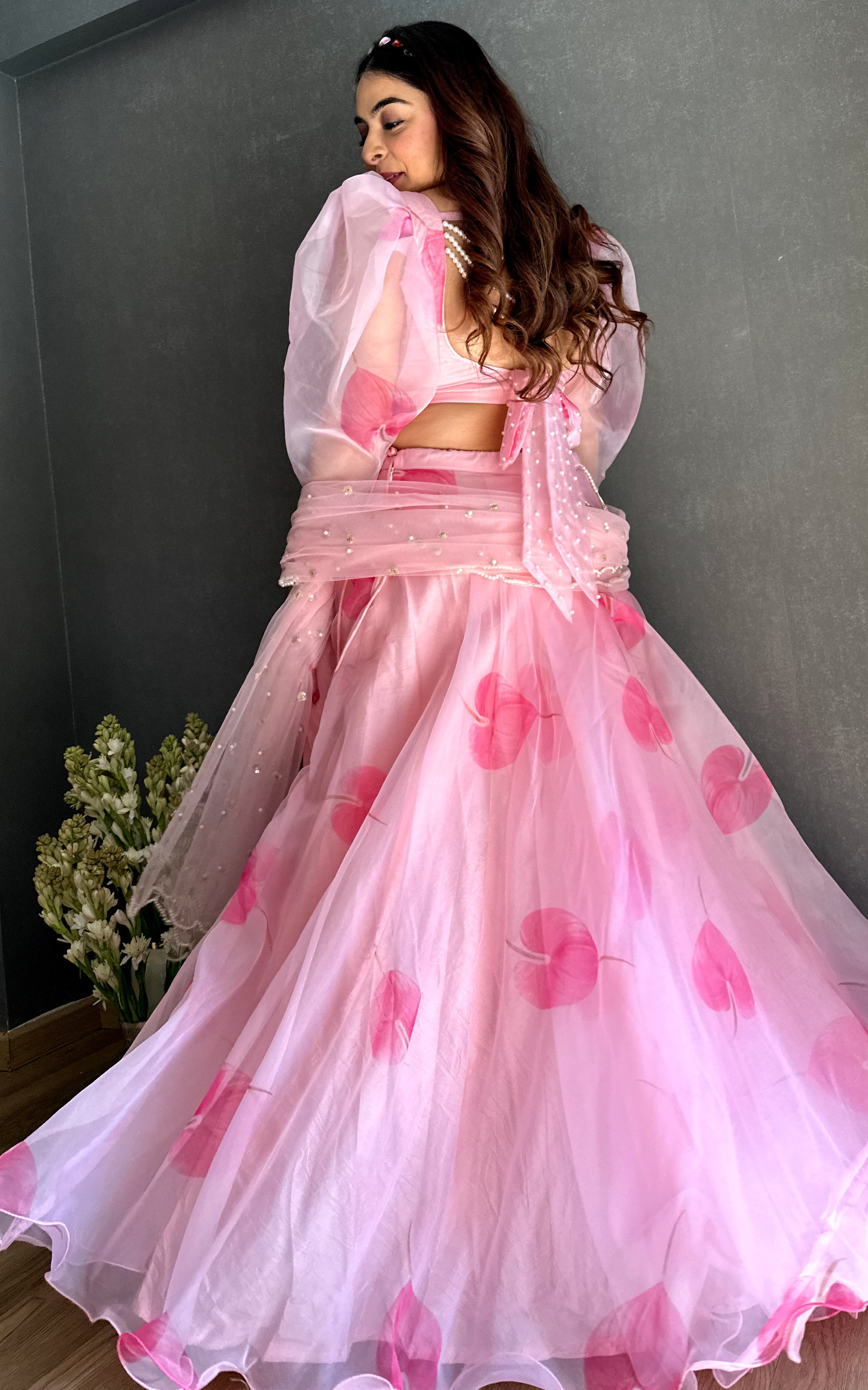 Printed Organza Lehenga Choli in Pink