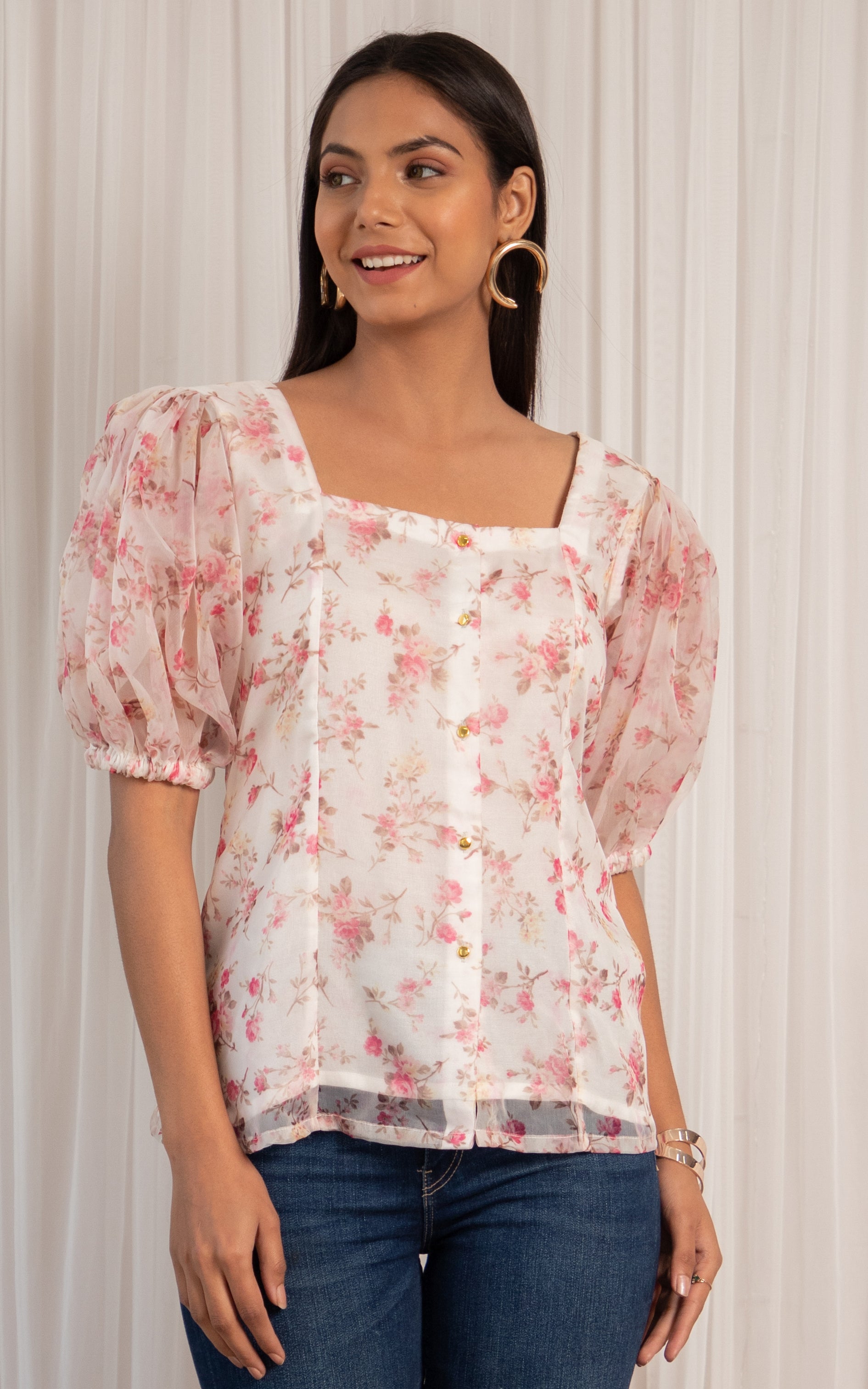 White Floral Fluffed Sleeve Organza Shirt Top