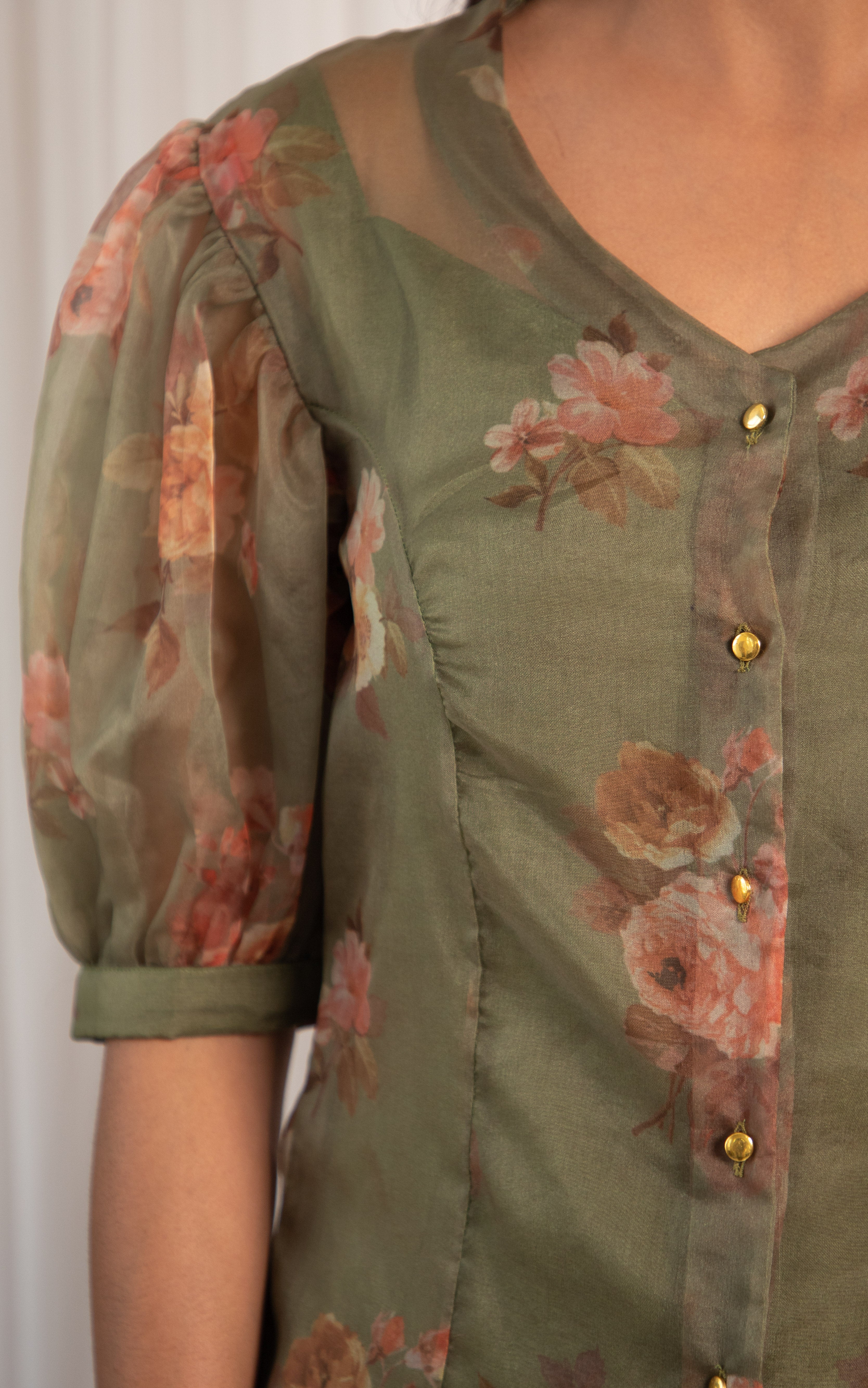 Olive Green Floral Organza Shirt Top