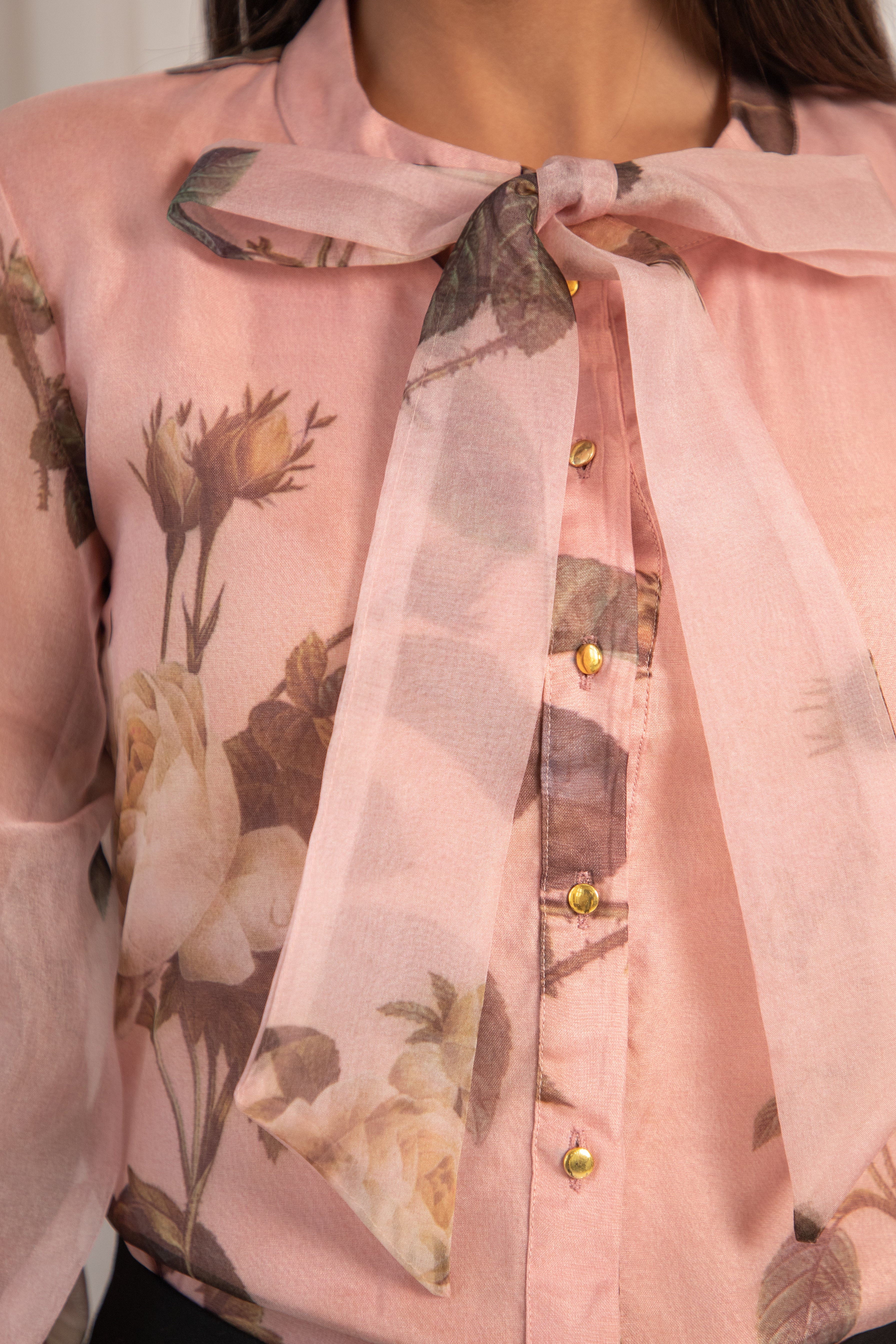 Peach Floral Tie-Up Organza Shirt