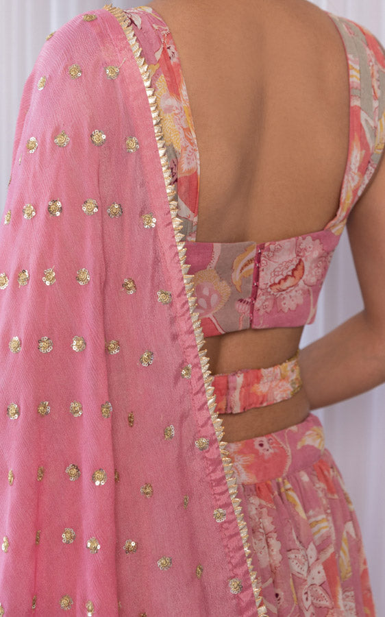Noopur Vintage Pink Handwork Printed Georgette Lehenga with Embellished Belt