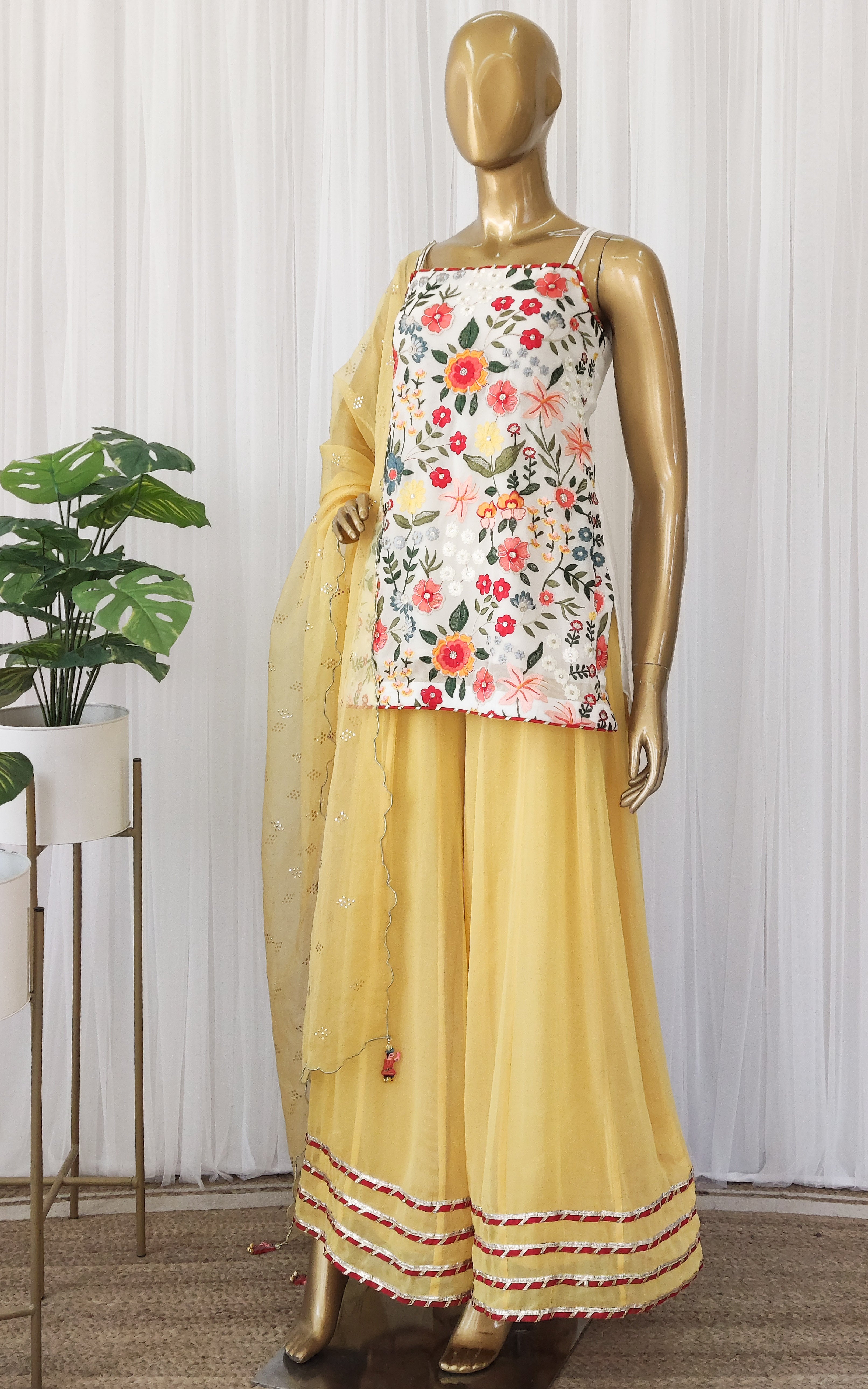 Off White Floral Embroidered Sharara Set