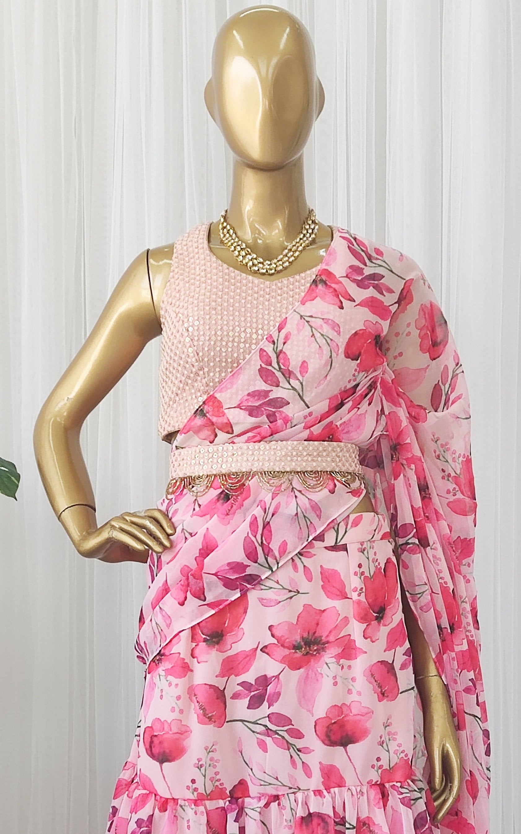 Watercolor Flowers Pre-Stitched Ruffle Saree With Embellished Belt