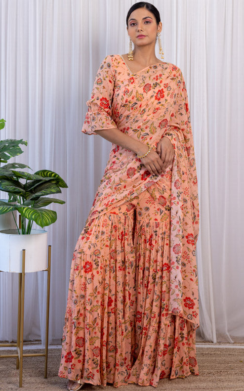Vishakha Peach Floral Printed Georgette Sharara Saree Set