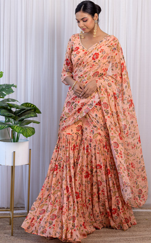 Vishakha Peach Floral Printed Georgette Sharara Saree Set