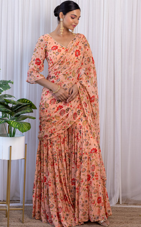 Vishakha Peach Floral Printed Georgette Sharara Saree Set