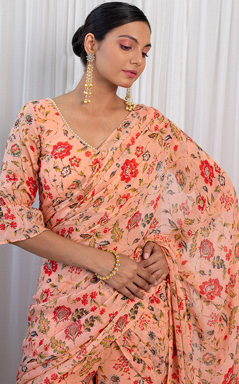 Vishakha Peach Floral Printed Georgette Sharara Saree Set