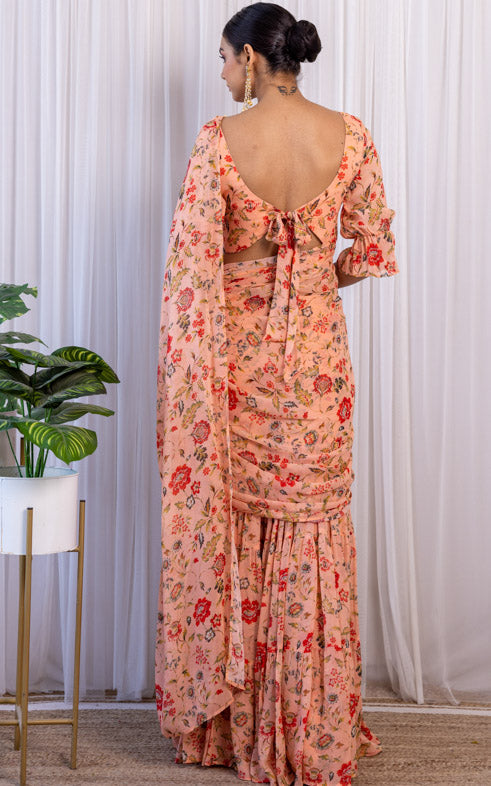 Vishakha Peach Floral Printed Georgette Sharara Saree Set