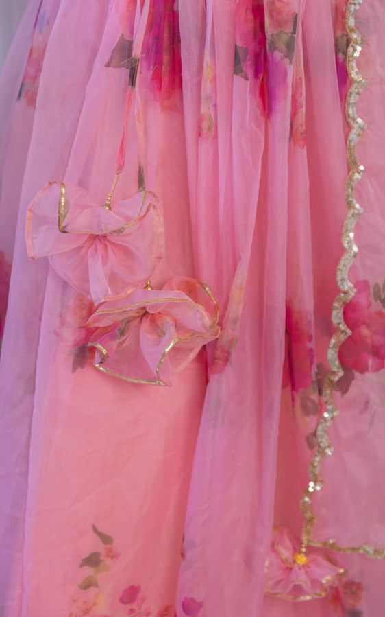 Pink Floral Sequinwork Organza Lehenga
