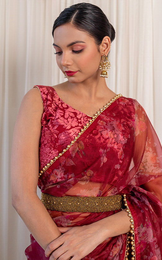 Wine Floral Organza Saree with Embellished Belt - Main Image