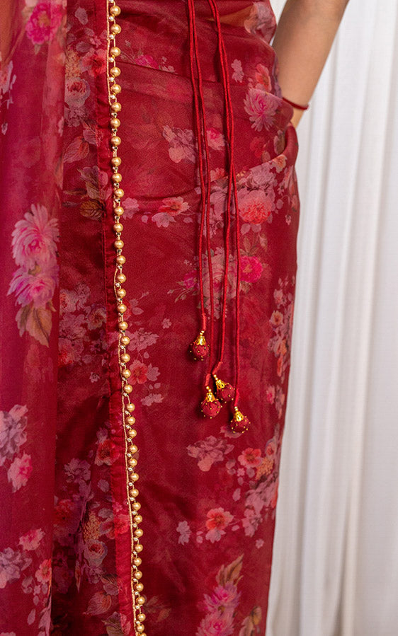 Wine Floral Organza Saree with Embellished Belt
