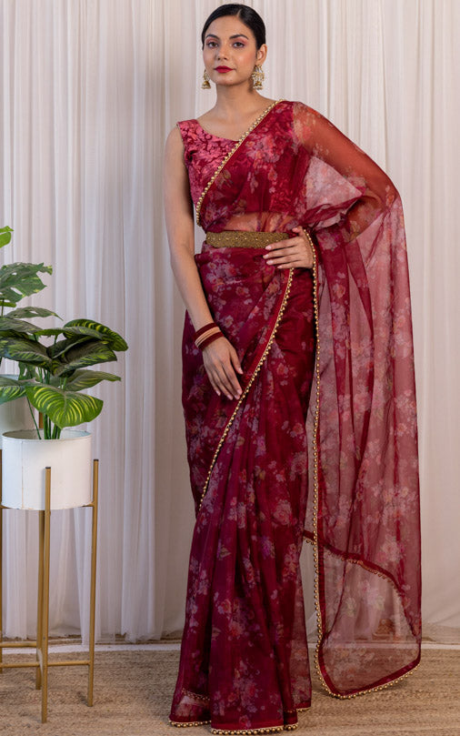 Wine Floral Organza Saree with Embellished Belt