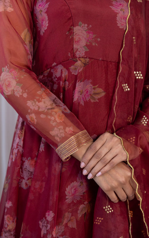 Women Wine Self Design Anarkali Kurta with Printed Organza Dupatta
