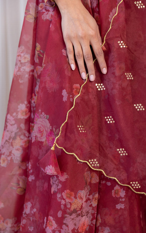 Wine Floral Organza Anarkali