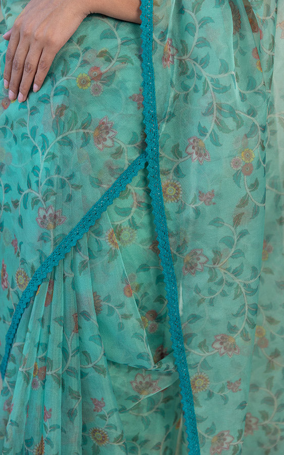 Turquoise Madhubani Print Organza Saree