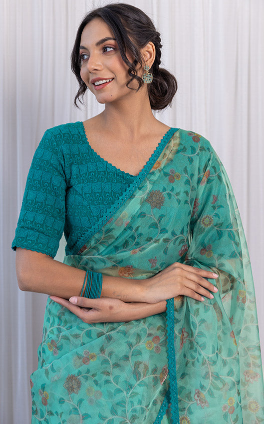 Turquoise Madhubani Print Organza Saree