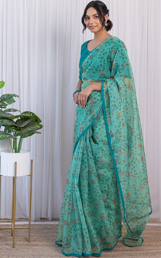 Turquoise Madhubani Print Organza Saree