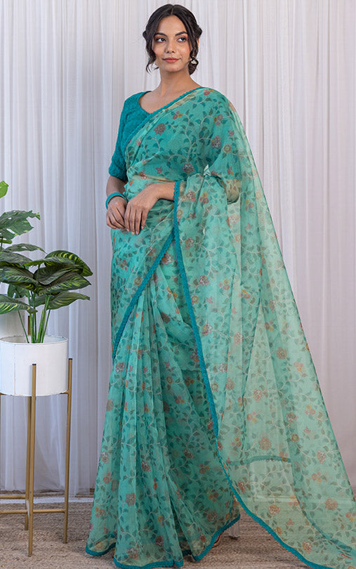 Turquoise Madhubani Print Organza Saree