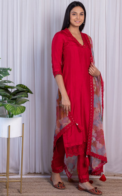 Red Pure Cotton Kurta Pant Set