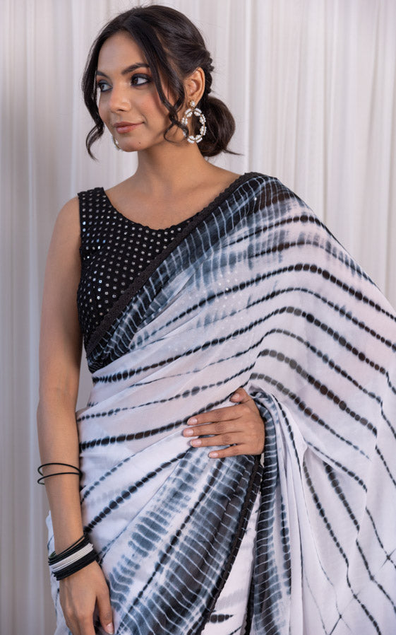Black & White Shibori Georgette Saree with Mirror-work Blouse