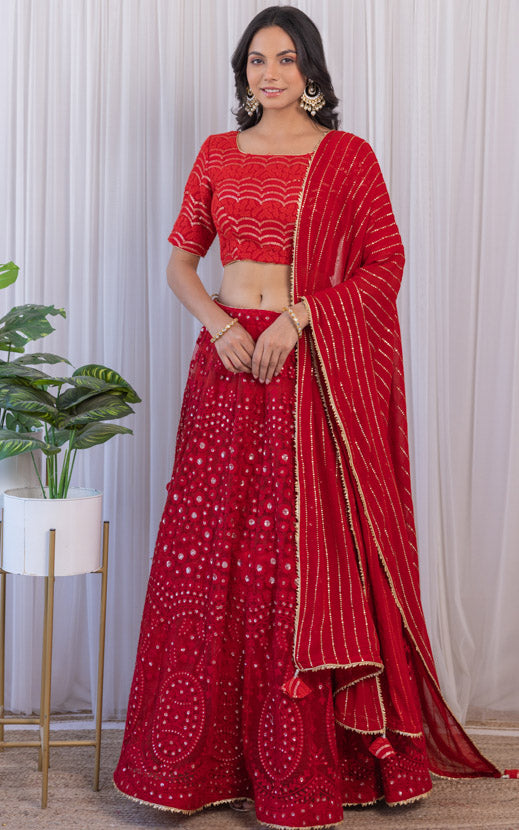 Cherry Red Threadwork Kalidar Lehenga