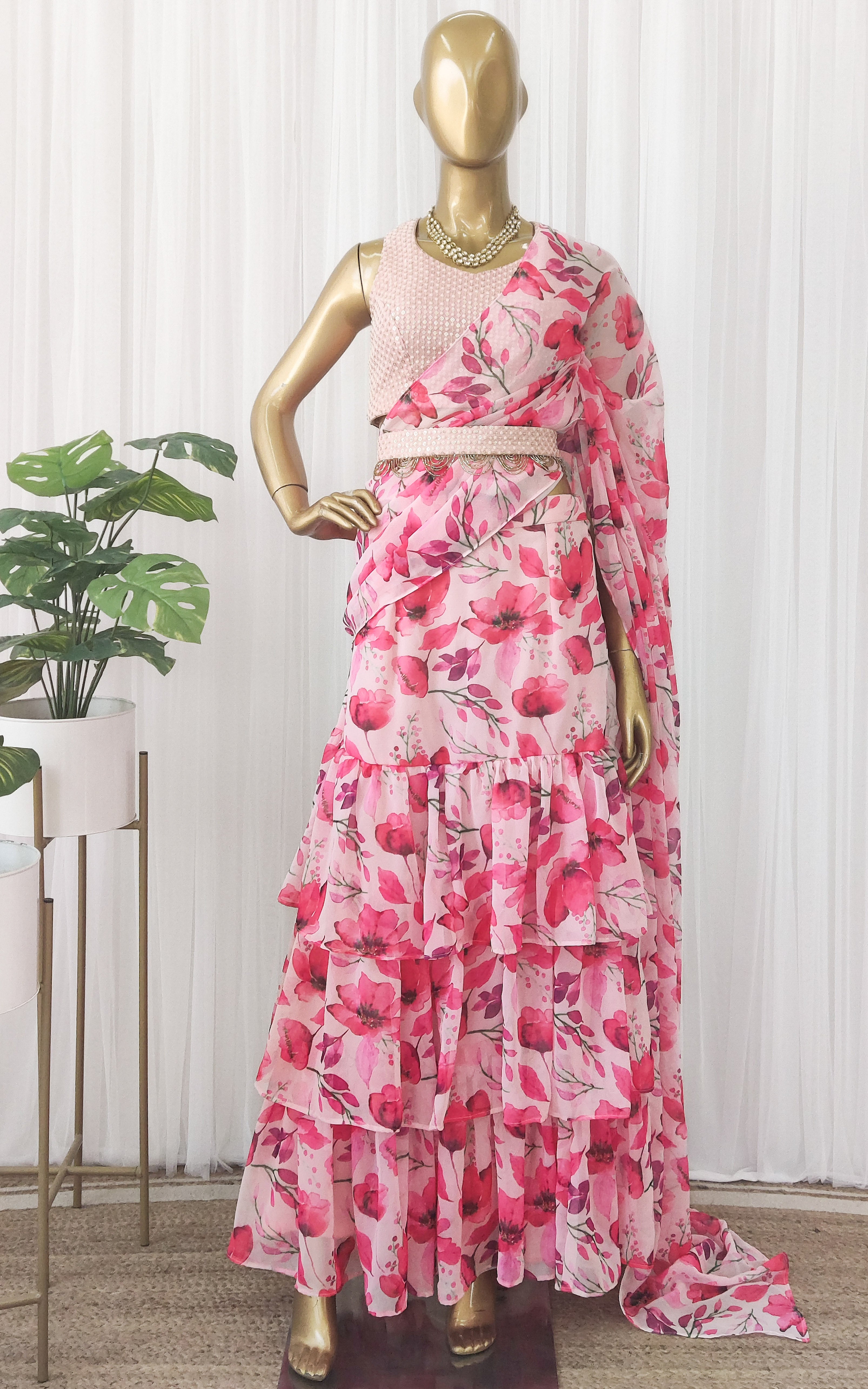 Watercolor Flowers Pre-Stitched Ruffle Saree With Embellished Belt