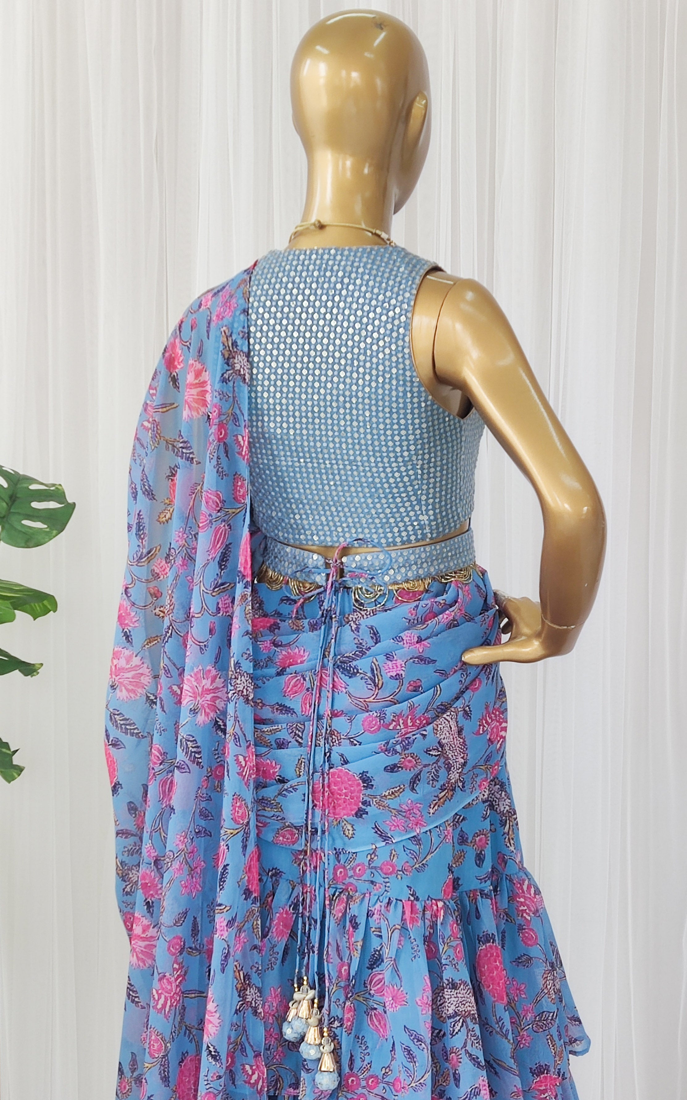 Grey Floral Pre-Stitched Ruffle Saree with Embellished Belt