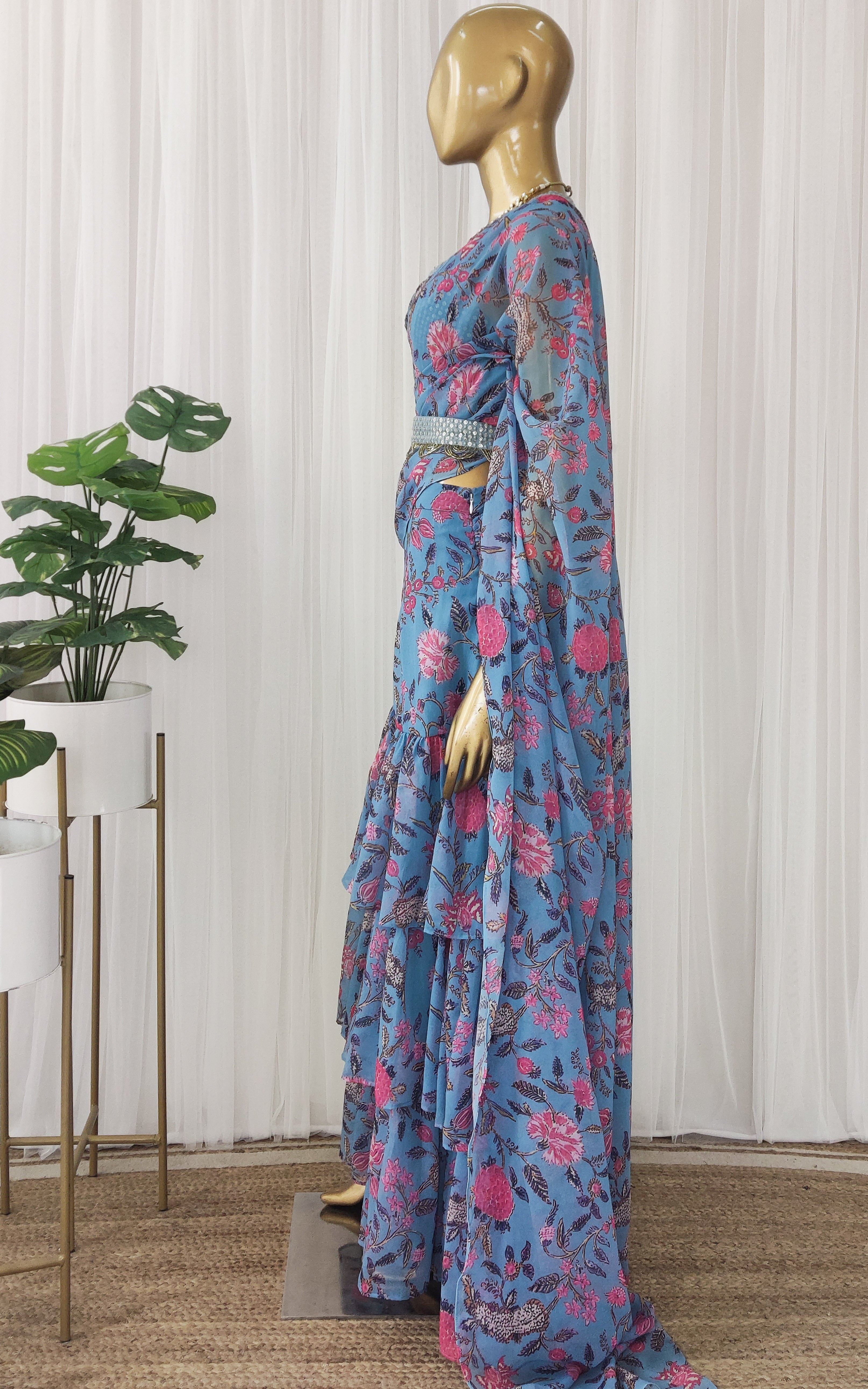 Grey Floral Pre-Stitched Ruffle Saree with Embellished Belt