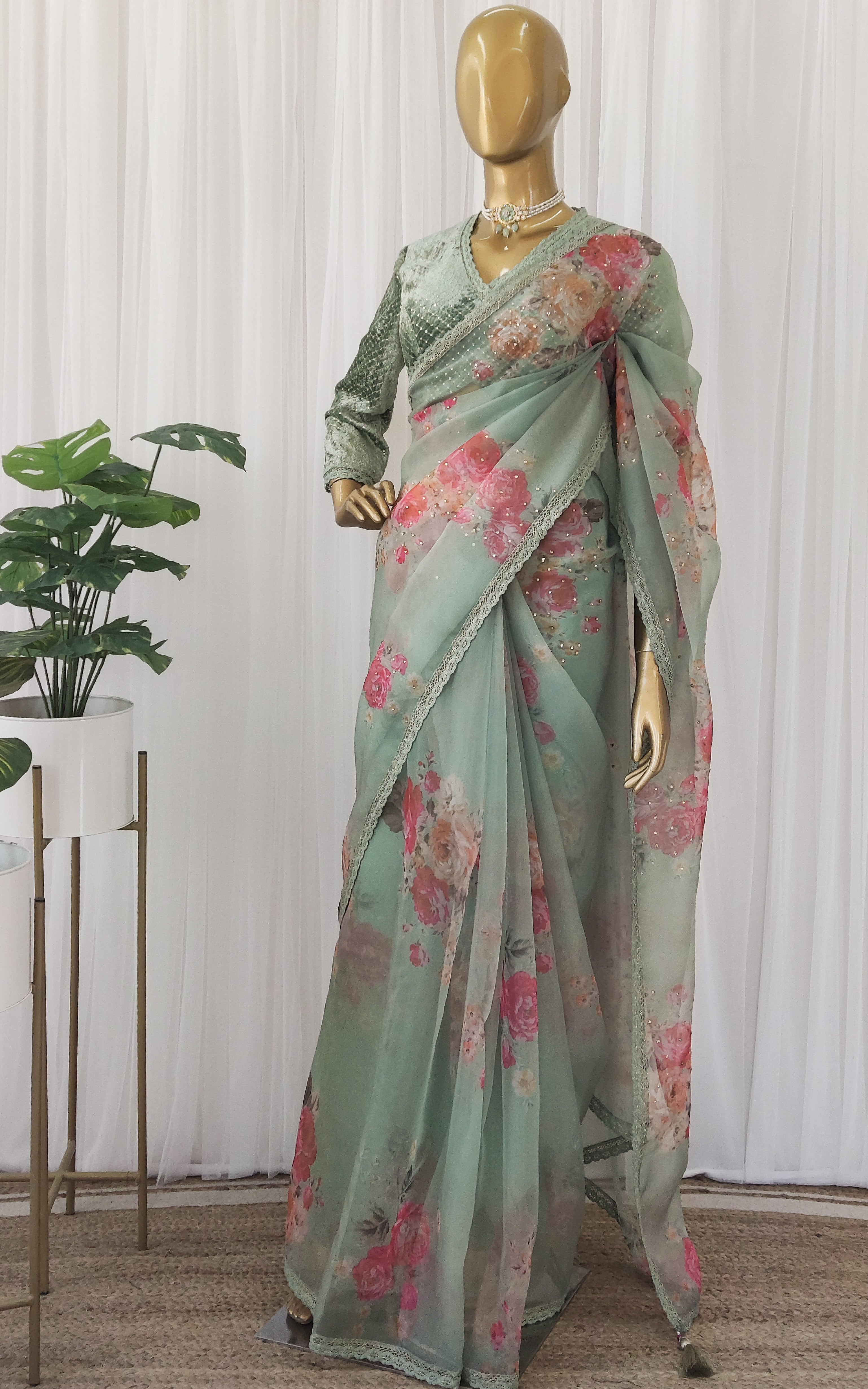 Monalisha Sage Green Floral Organza Saree With Velvet Blouse