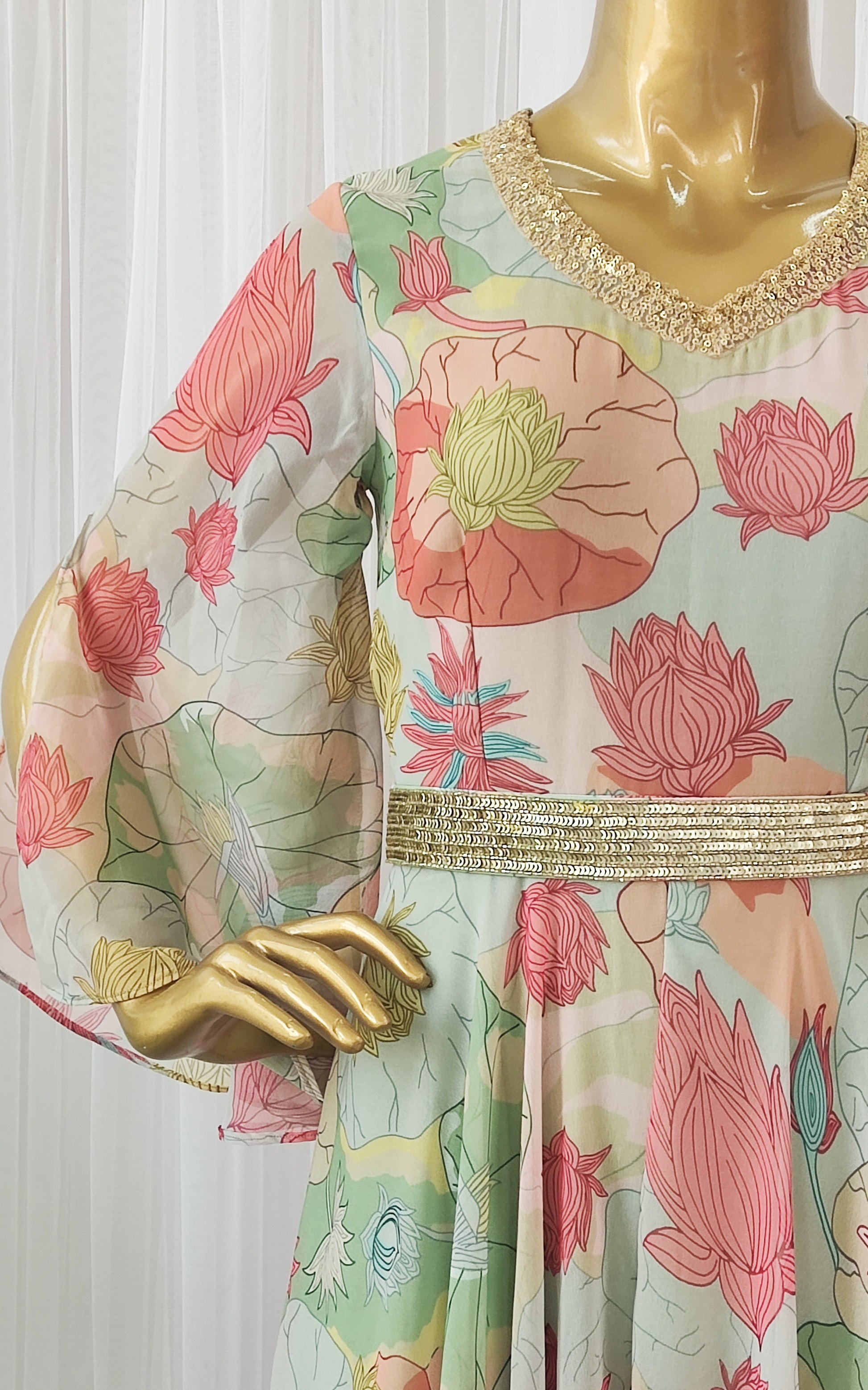 Multicolor Lotus Print Sequinwork Jumpsuit