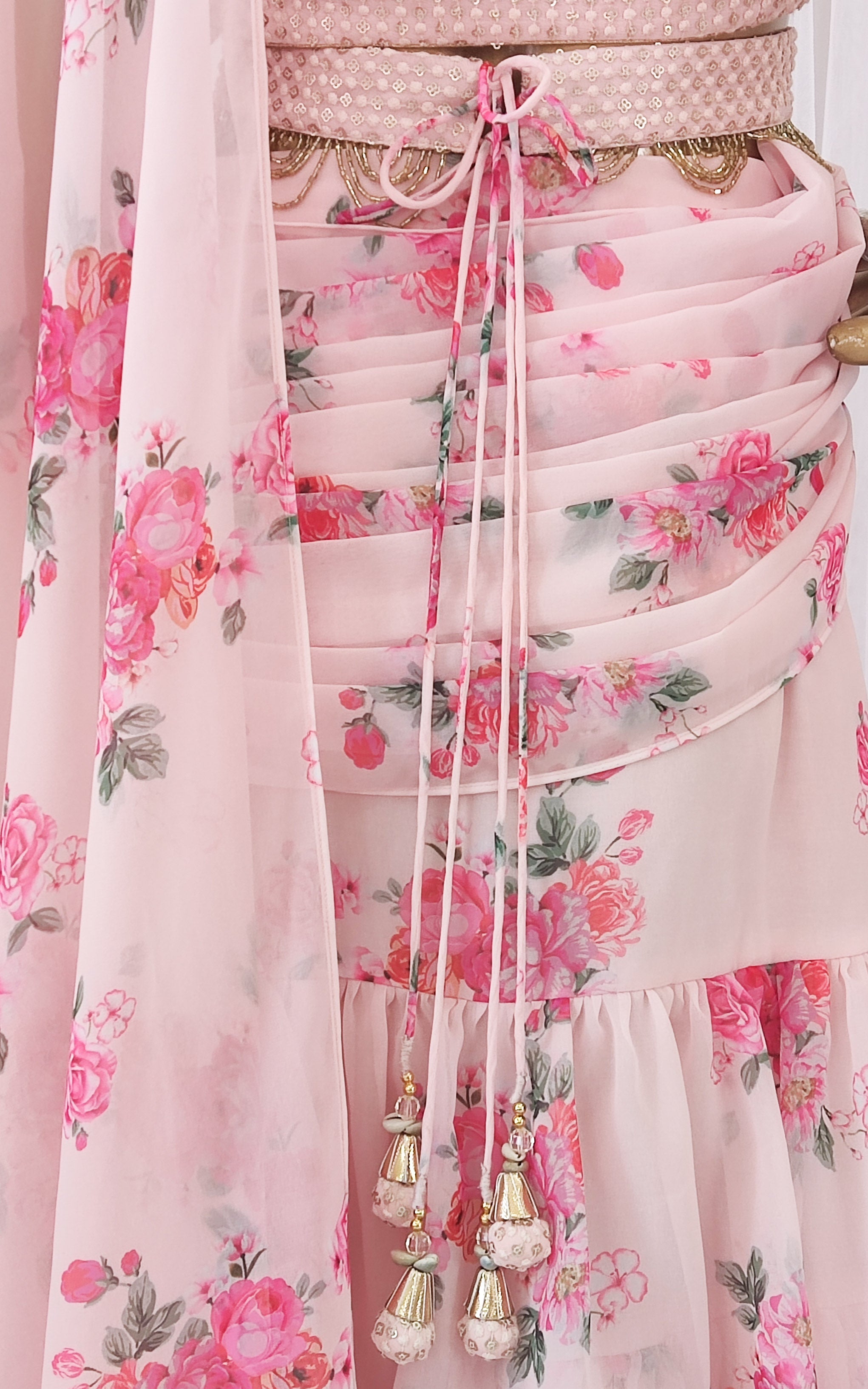 Millennial Pink Floral Pre-Stitched Ruffle Saree with Embellished Belt