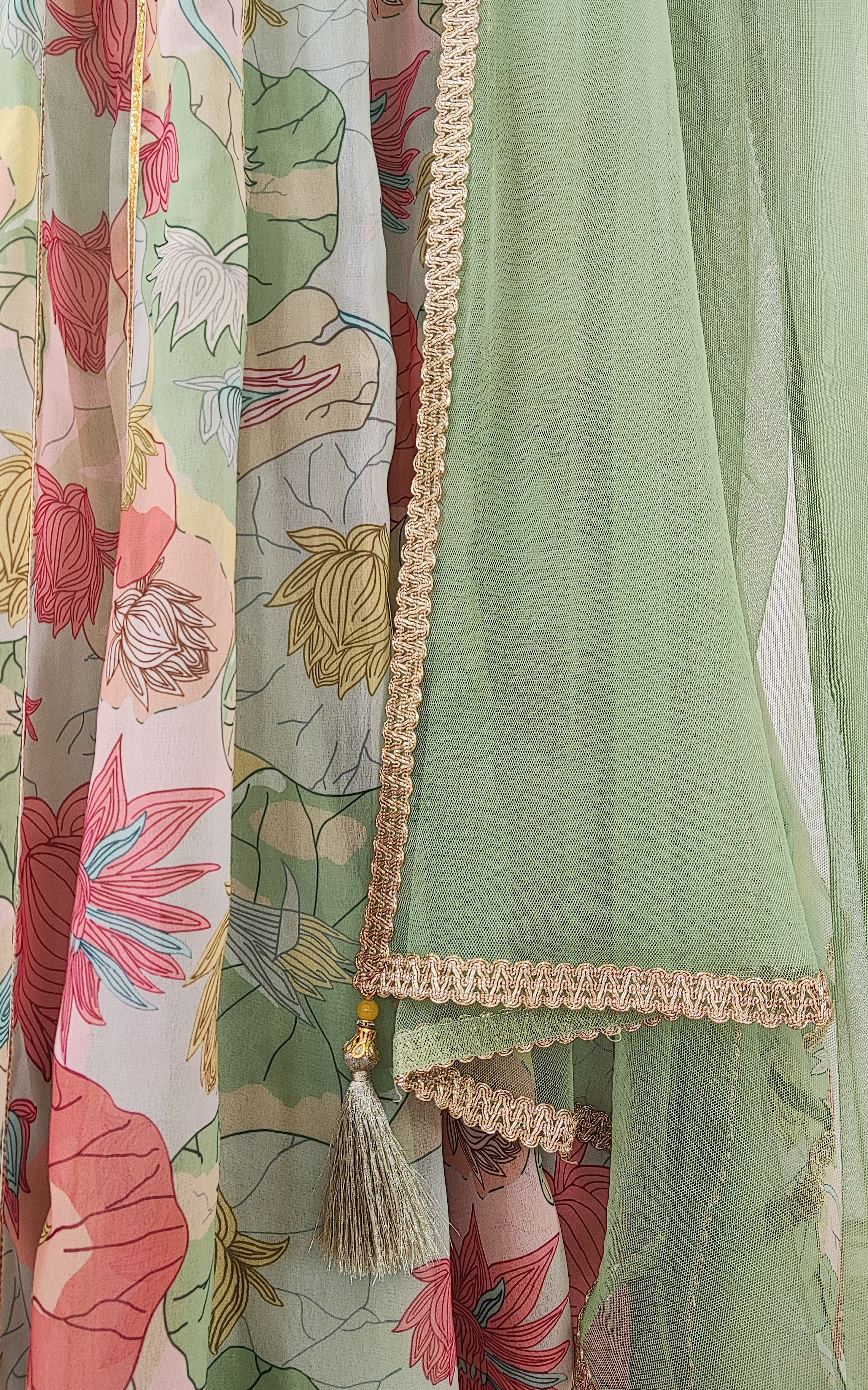 Multicolor Lotus Print Sequinwork Lehenga