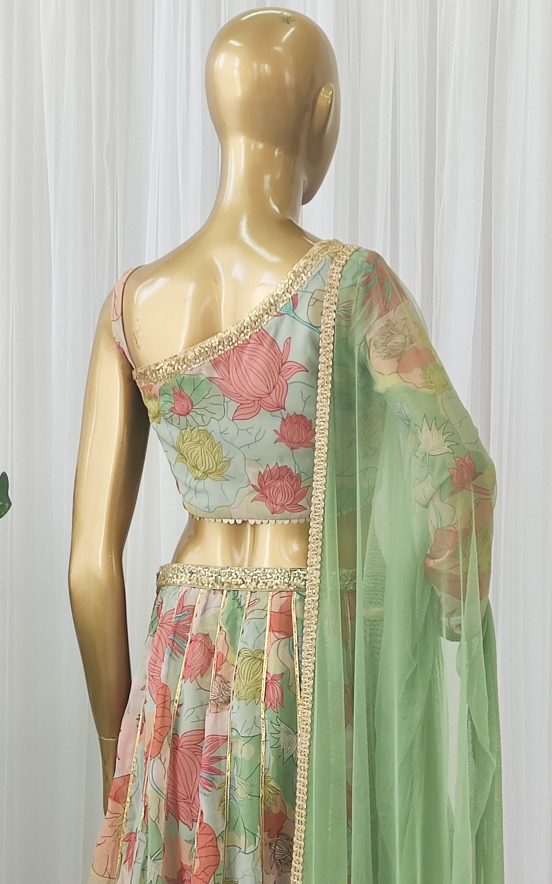 Multicolor Lotus Print Sequinwork Lehenga
