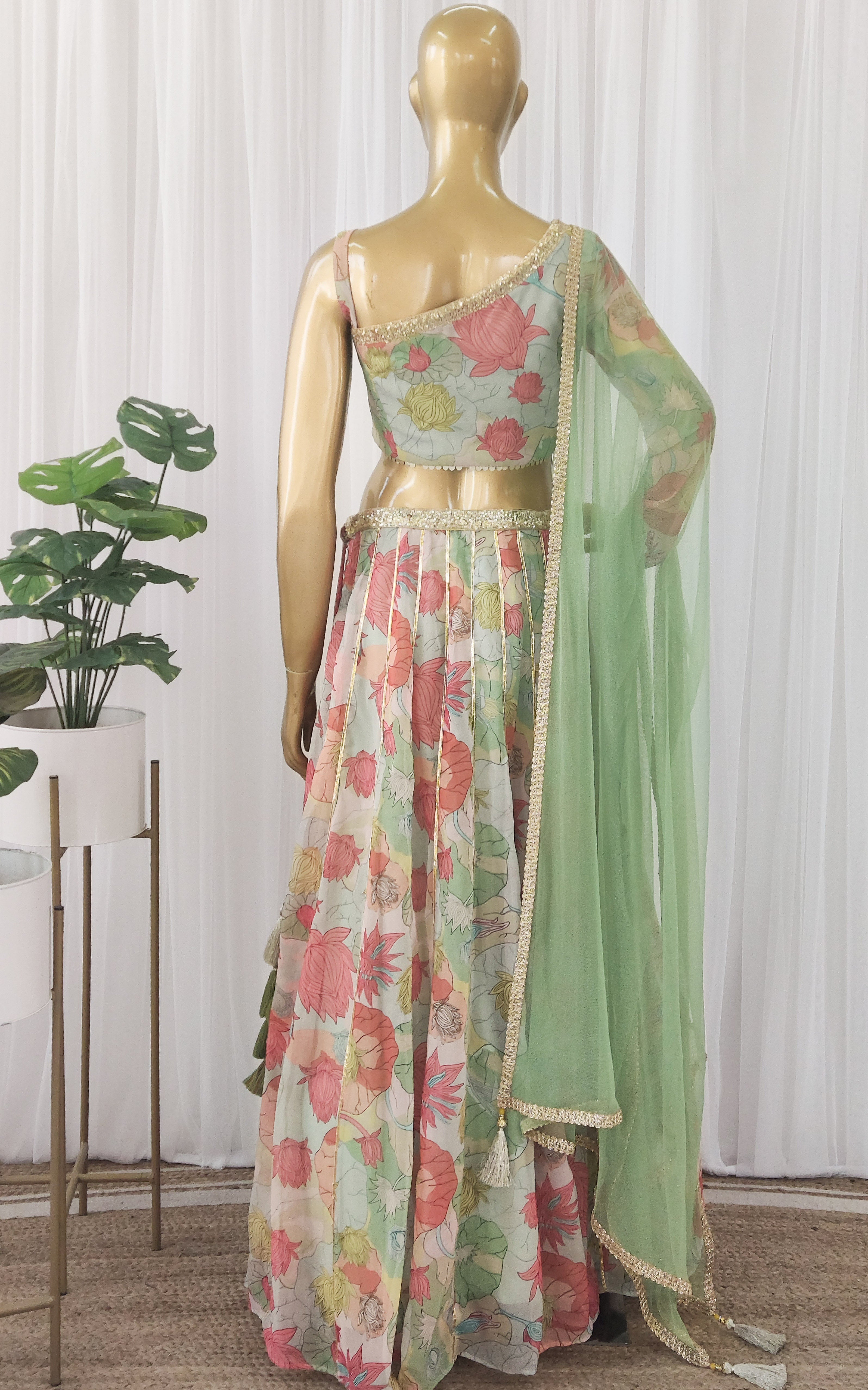 Multicolor Lotus Print Sequinwork Lehenga