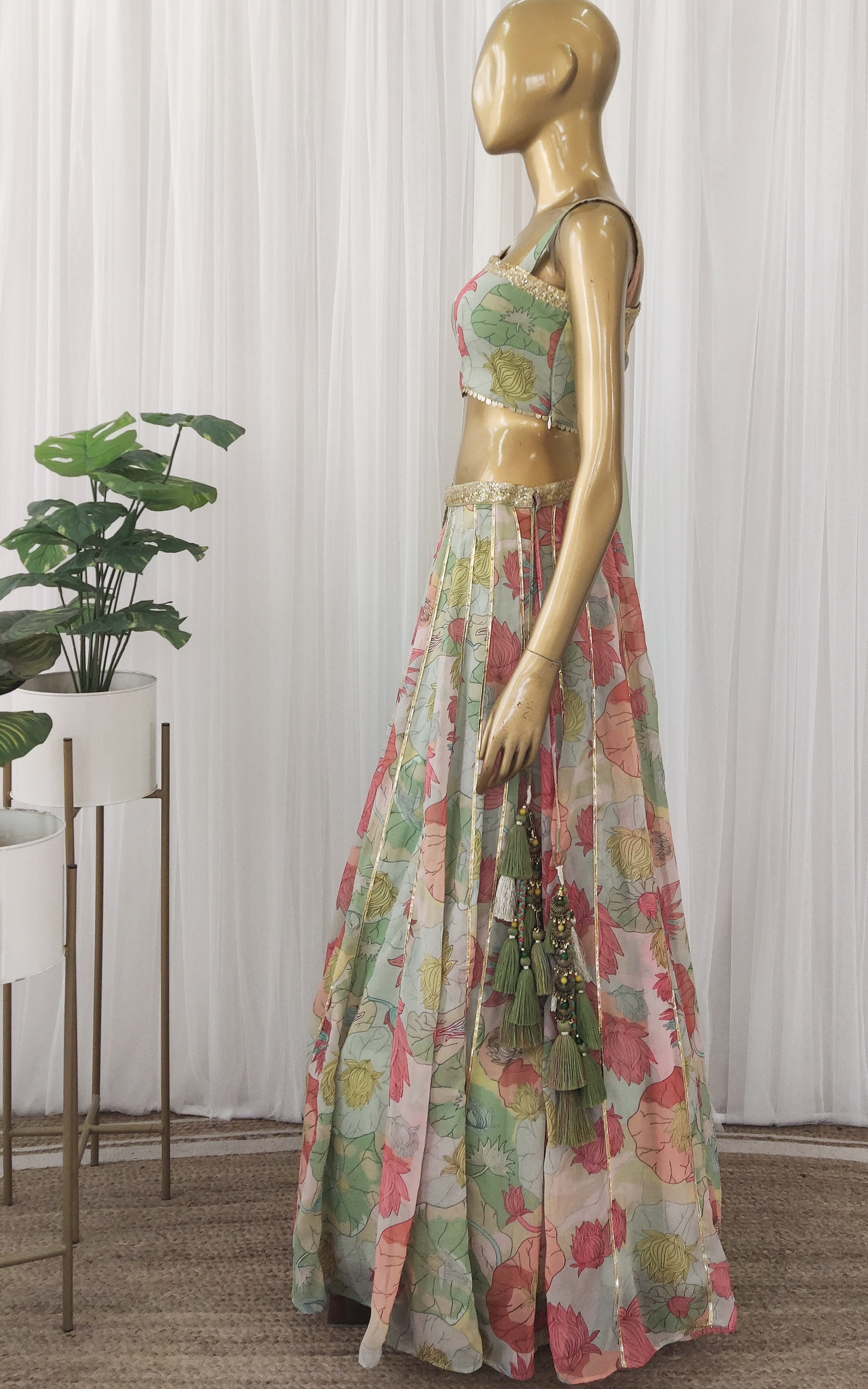 Multicolor Lotus Print Sequinwork Lehenga