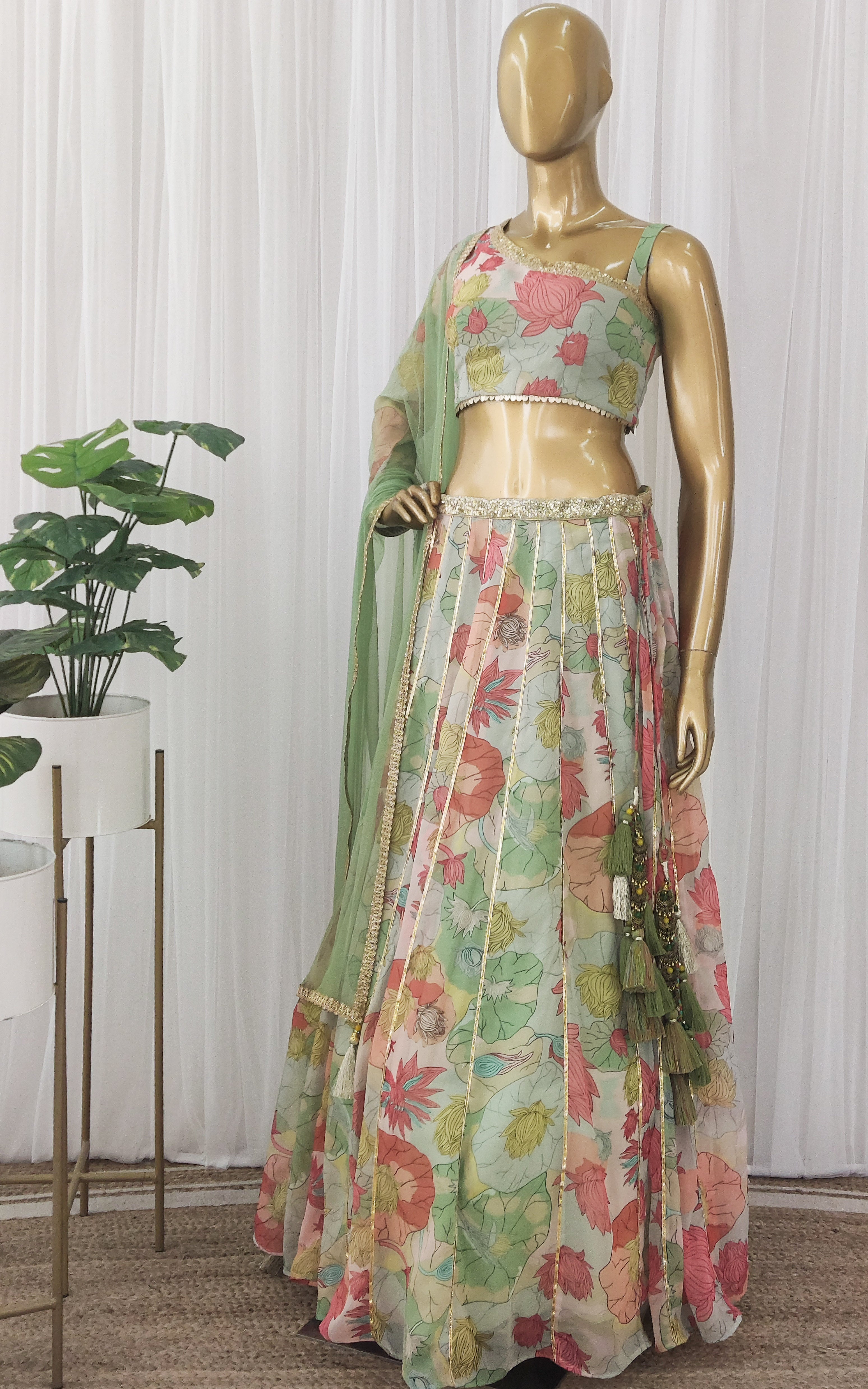 Multicolor Lotus Print Sequinwork Lehenga
