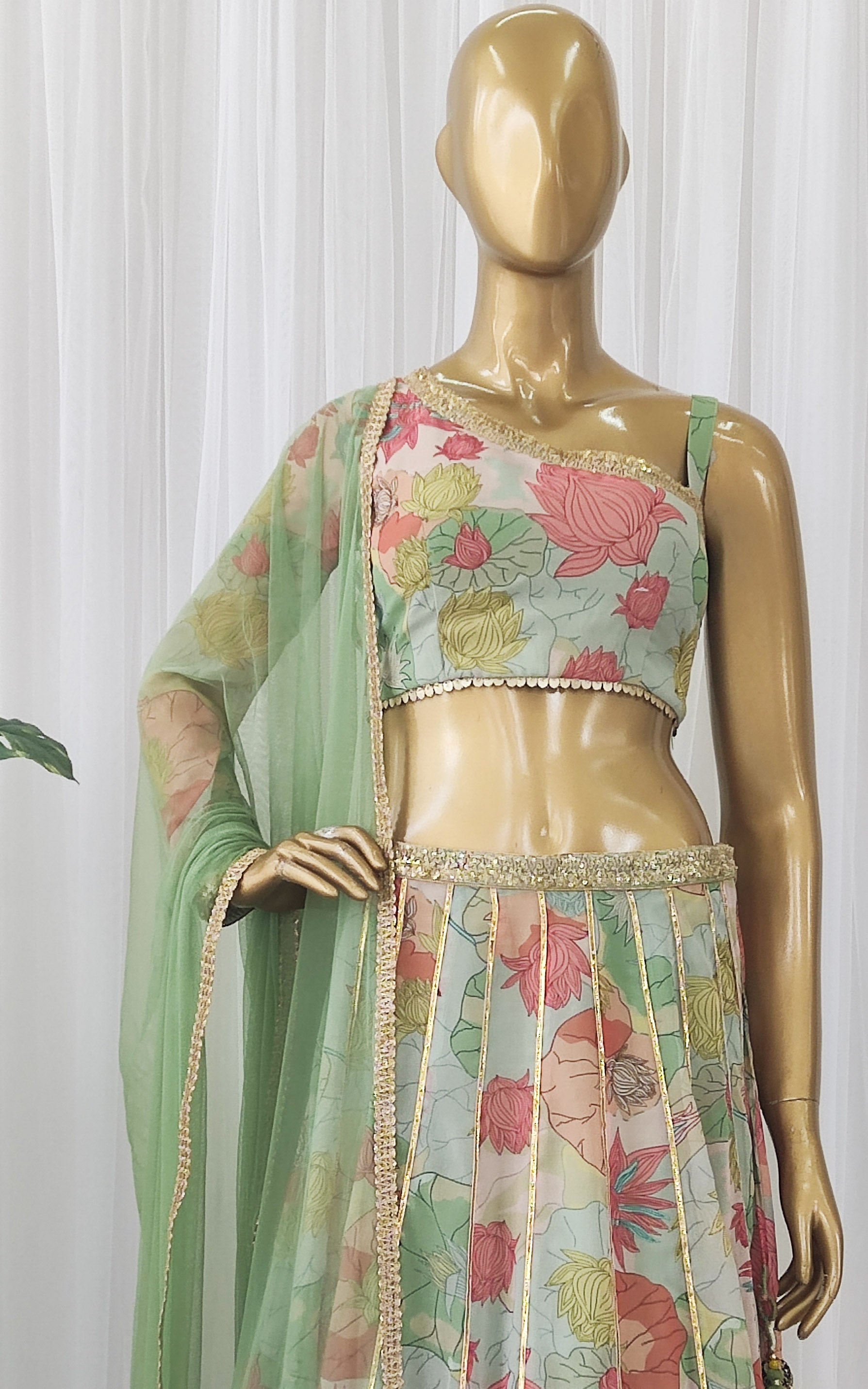 Multicolor Lotus Print Sequinwork Lehenga