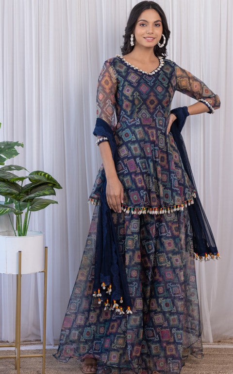 Navy Blue Printed Organza Sharara Set