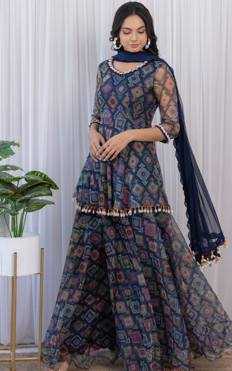 Navy Blue Printed Organza Sharara Set
