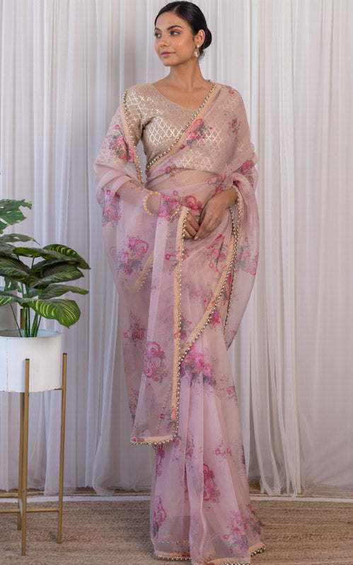 Surbhi Chandna Dusty Pink Floral Organza Saree