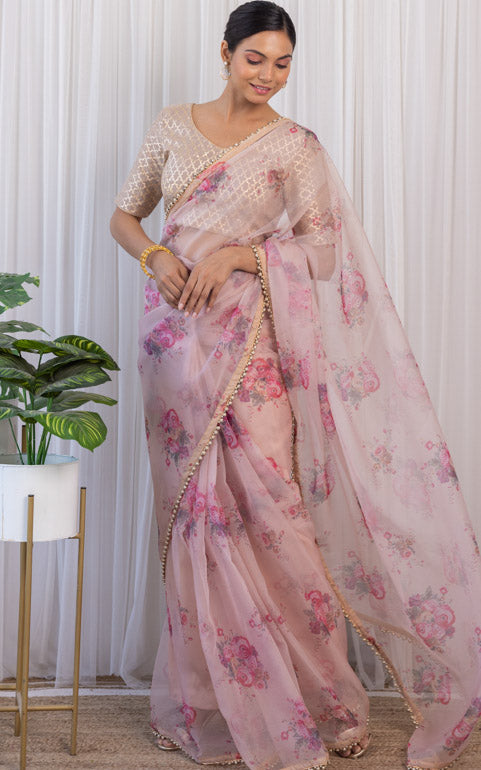 Surbhi Chandna Dusty Pink Floral Organza Saree